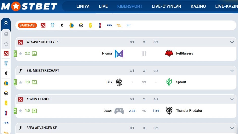 Ставки на киберспорт Mostbet